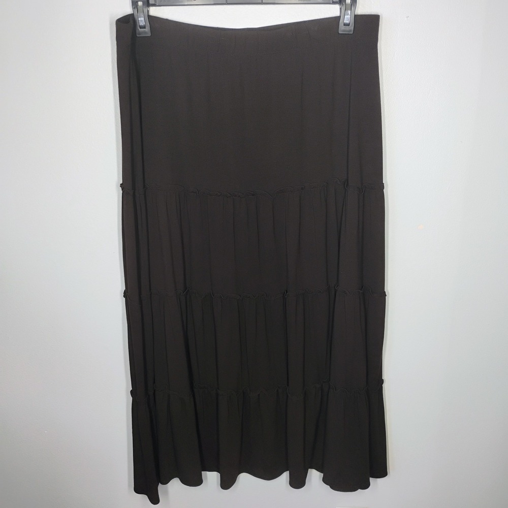 Chicos Tiered Midi Skirt Womens 2 Large Chocolate Brown Peasant Grunge Pull On